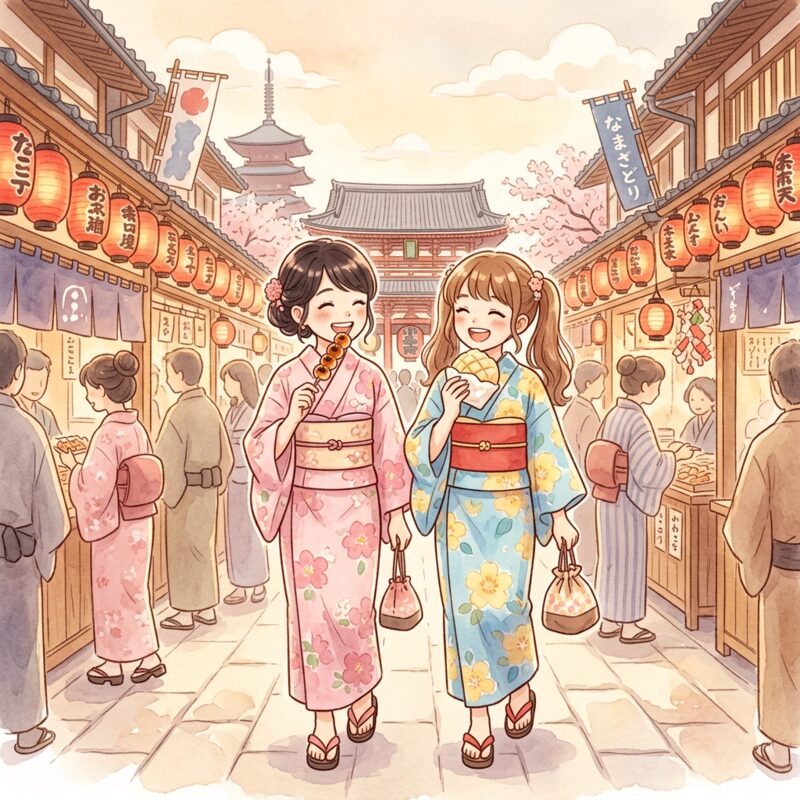 穿着浴衣边走边吃的两个人