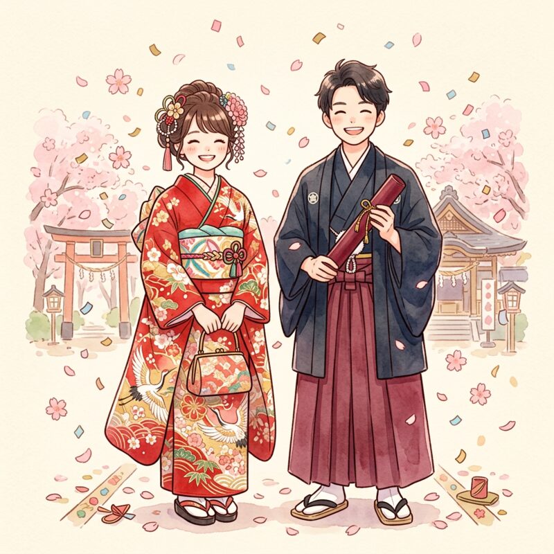 长袖和服和和服裙子的插图